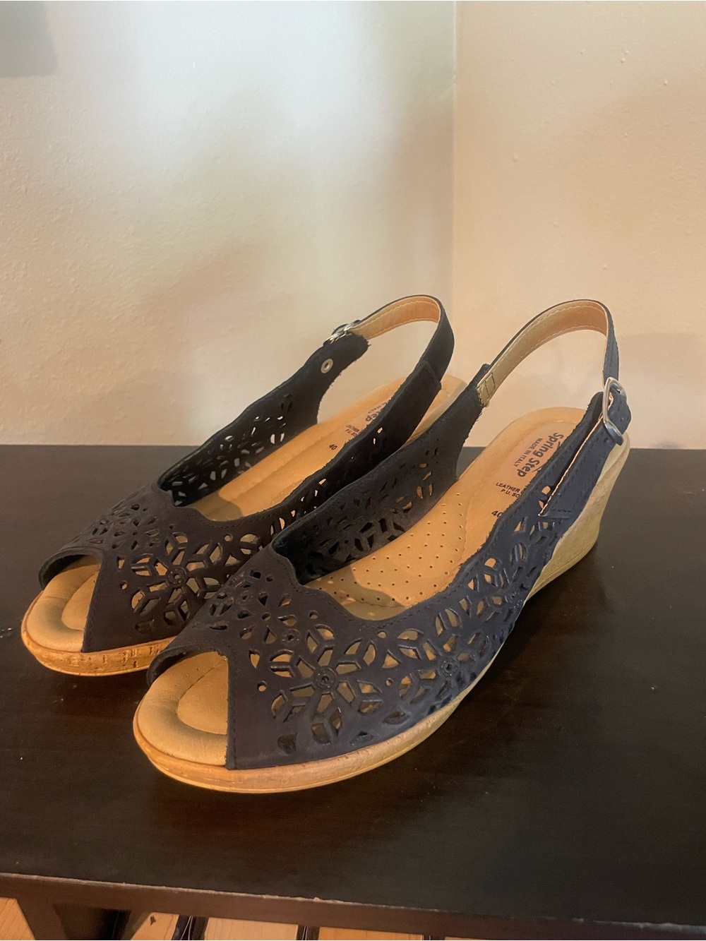 Spring Step Black Slingback Wedge Sandals